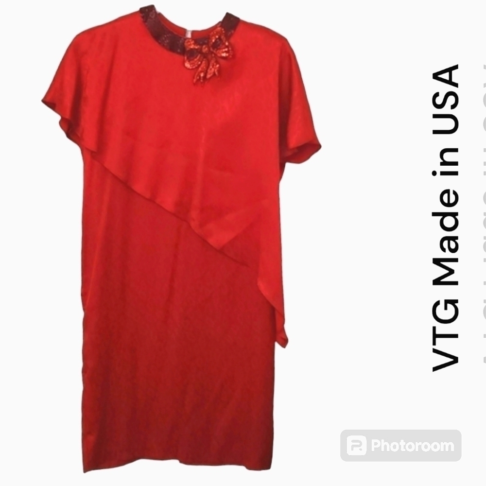 Vintage Holiday Party Dress Sequin Collar Cheetah Print Red L made in USA